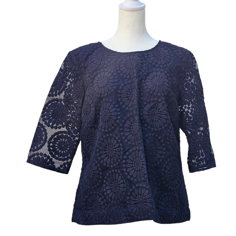 BODEN Top Navy Blue Embroidered Lace Floral Shirt 3/4 Sleeve Lined Womens Sz 10